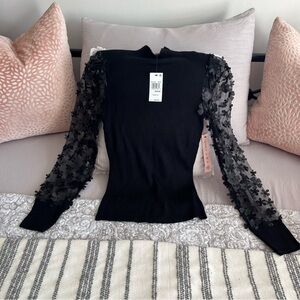 Black Crew Neck Long Sleeve Embellished Blouse
